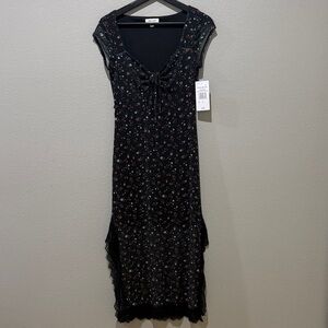 Stitch & Pine Black Floral Cap Sleeve Lace Trim Side Slit Midi Dress Size S